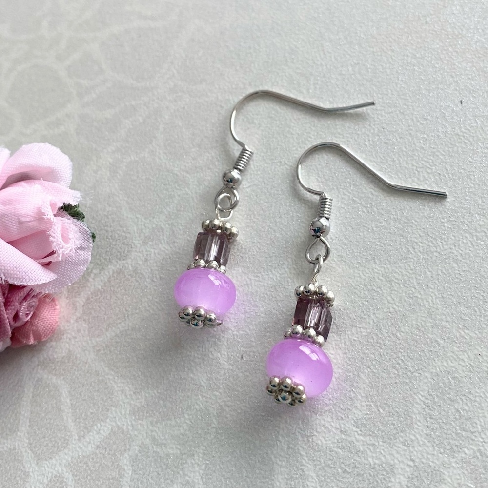 Handmade Pink Glass and purple crystal Beaded Dangle Earrings - Silver Tone